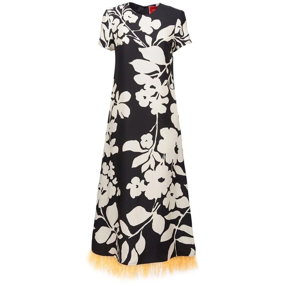 La DoubleJ Swing feather-trimmed printed silk-twill maxi dress Size XS